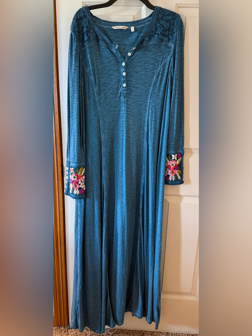 Soft Surroundings Teal Blue Maxi Dress with Floral Embroidered Cuffs